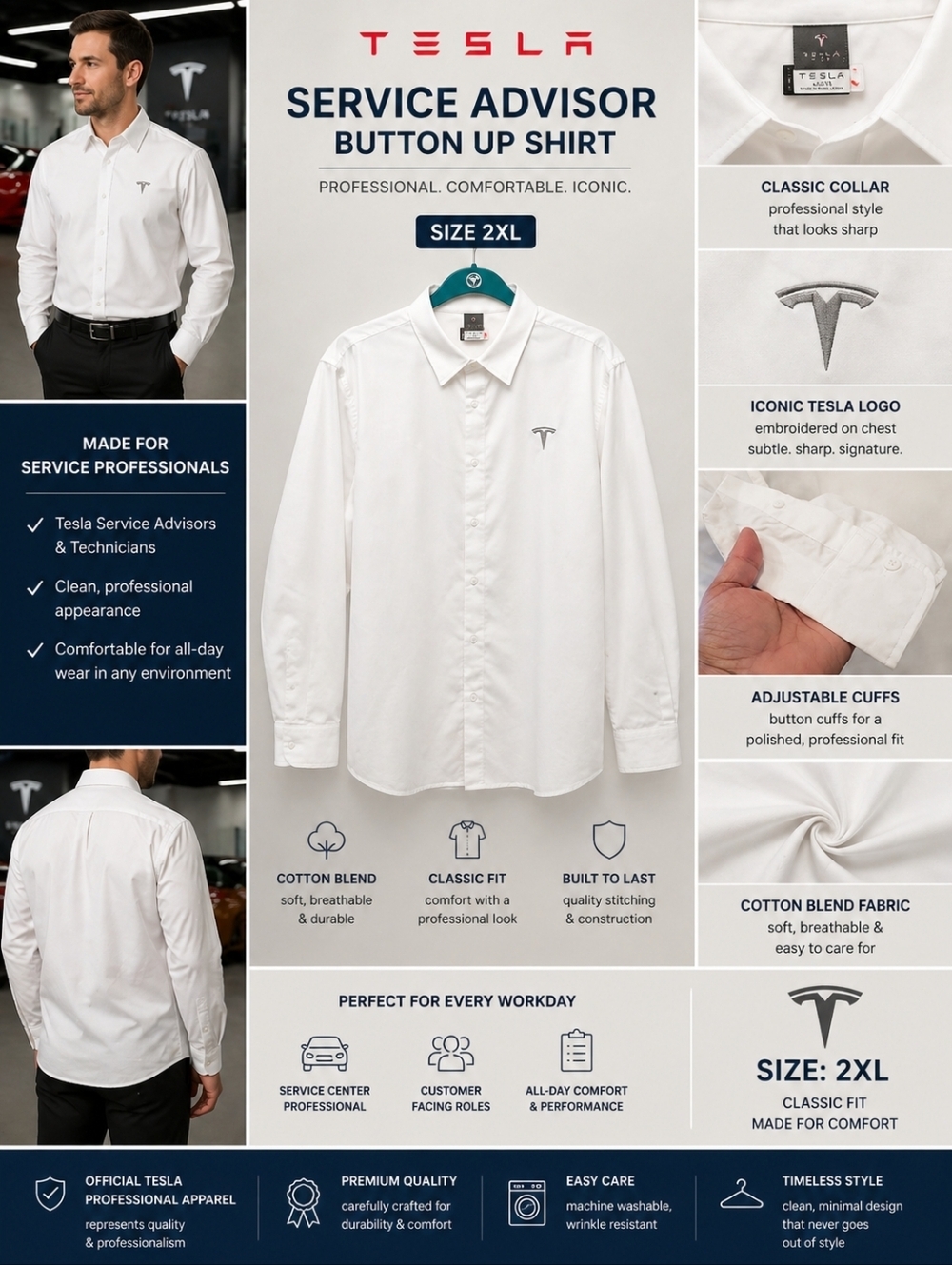 Tesla Service Advisor Button-Up Shirt White Sz 2XL Cotton Blend Logo Uniform